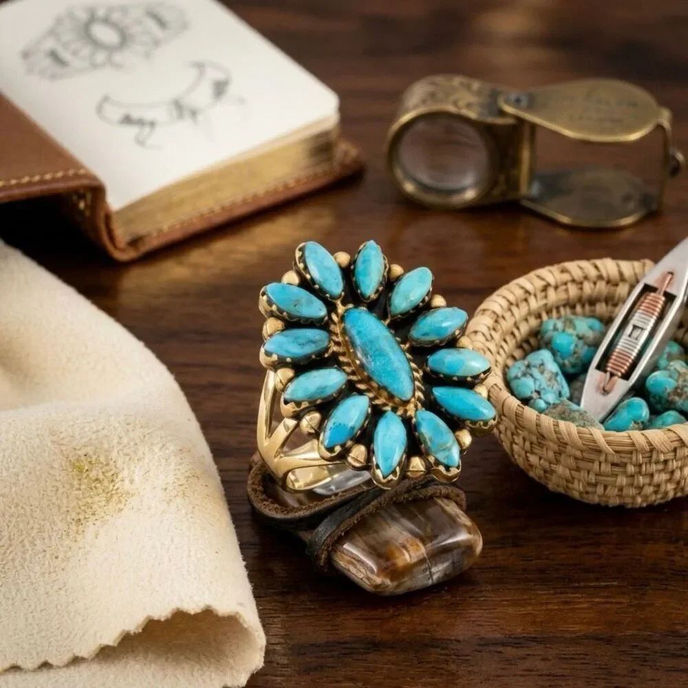 Large Turquoise Cluster Statement Ring - Gold Tone Marquise Southwest Sunburst - Picture 5 of 5